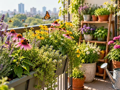 Pollinator-friendly balcony garden with colorful flowering plants in containers, attracting bees and butterflies to nectar-rich blossoms in a sunny urban setting.