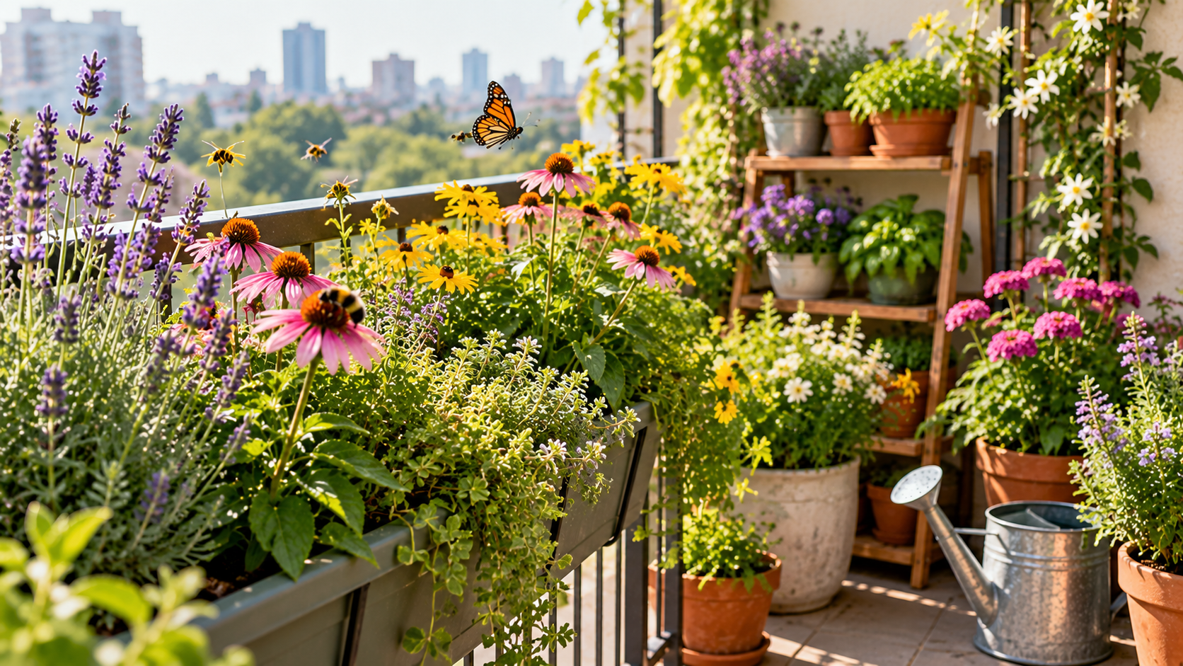 Pollinator-friendly balcony garden with colorful flowering plants in containers, attracting bees and butterflies to nectar-rich blossoms in a sunny urban setting.