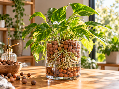 Variegated pothos plant growing in LECA clay pebbles inside a transparent glass container, showing visible roots and a water reservoir in a bright indoor setting.