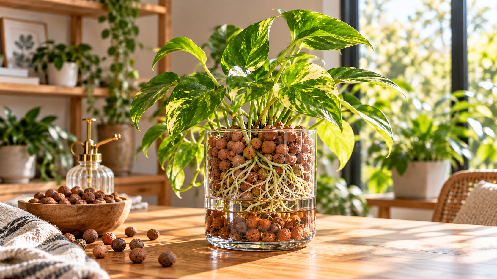 Variegated pothos plant growing in LECA clay pebbles inside a transparent glass container, showing visible roots and a water reservoir in a bright indoor setting.