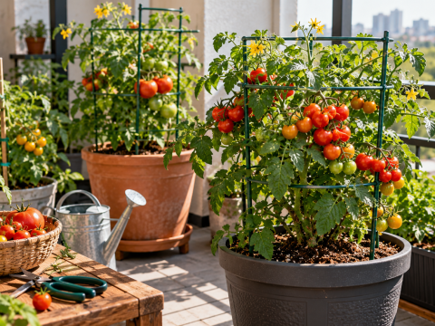 Bush tomato plants growing in large containers on a sunny apartment balcony, supported by sturdy tomato cages and producing ripe red, orange, and green tomatoes.