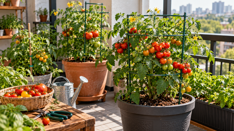 Bush tomato plants growing in large containers on a sunny apartment balcony, supported by sturdy tomato cages and producing ripe red, orange, and green tomatoes.