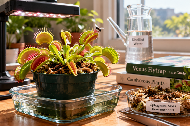 Venus flytrap (Dionaea muscipula) growing indoors under an LED grow light, with red-green carnivorous traps, a distilled water tray, and nutrient-poor sphagnum moss.